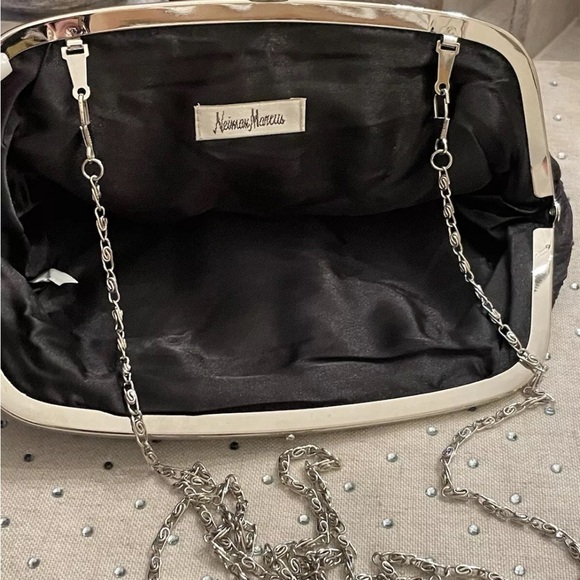 Vintage Neiman Marcus Black Silk Clutch Purse Silver Chain & Rhinestone Clasp - Picture 8 of 11